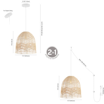 Sofia 17.5" Farmhouse Coastal Rattan 180" Cord Plug-In or Hardwired LED Pendant - JONATHAN Y